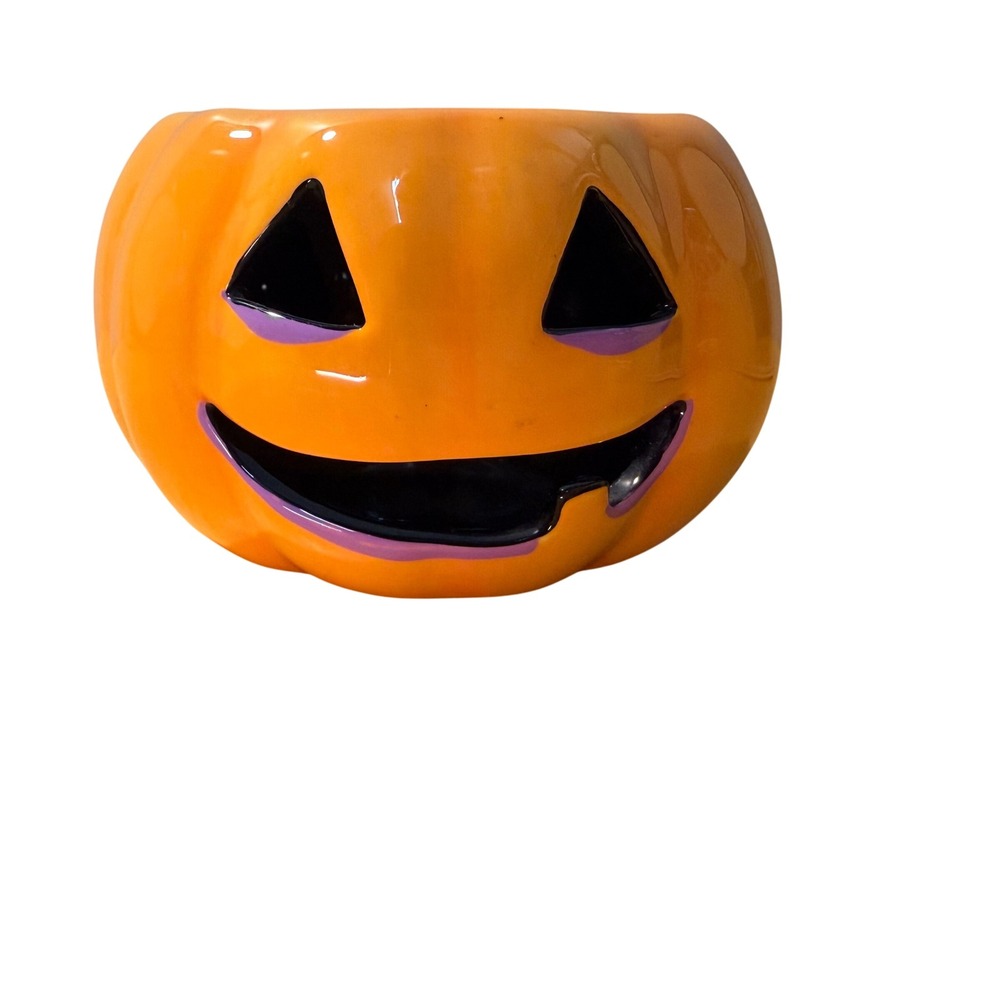 Ceramic Jack-O-Lantern Pumpkin Bowl Orange Purple Black Halloween Decor Small